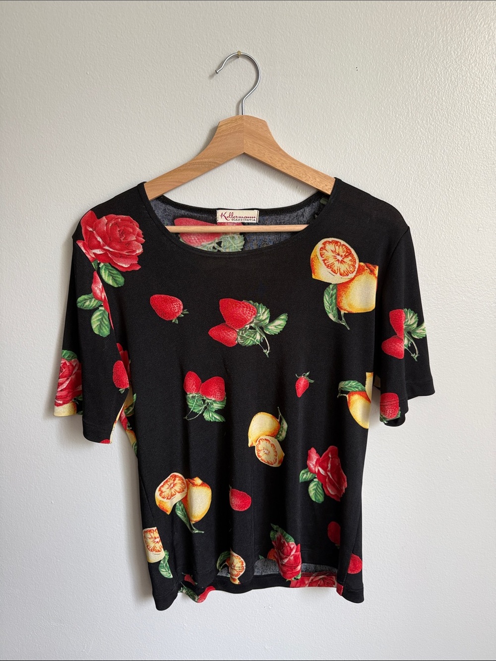 Vintage Black Tee with Red Strawberries, Yellow Lemons & Green Leaves